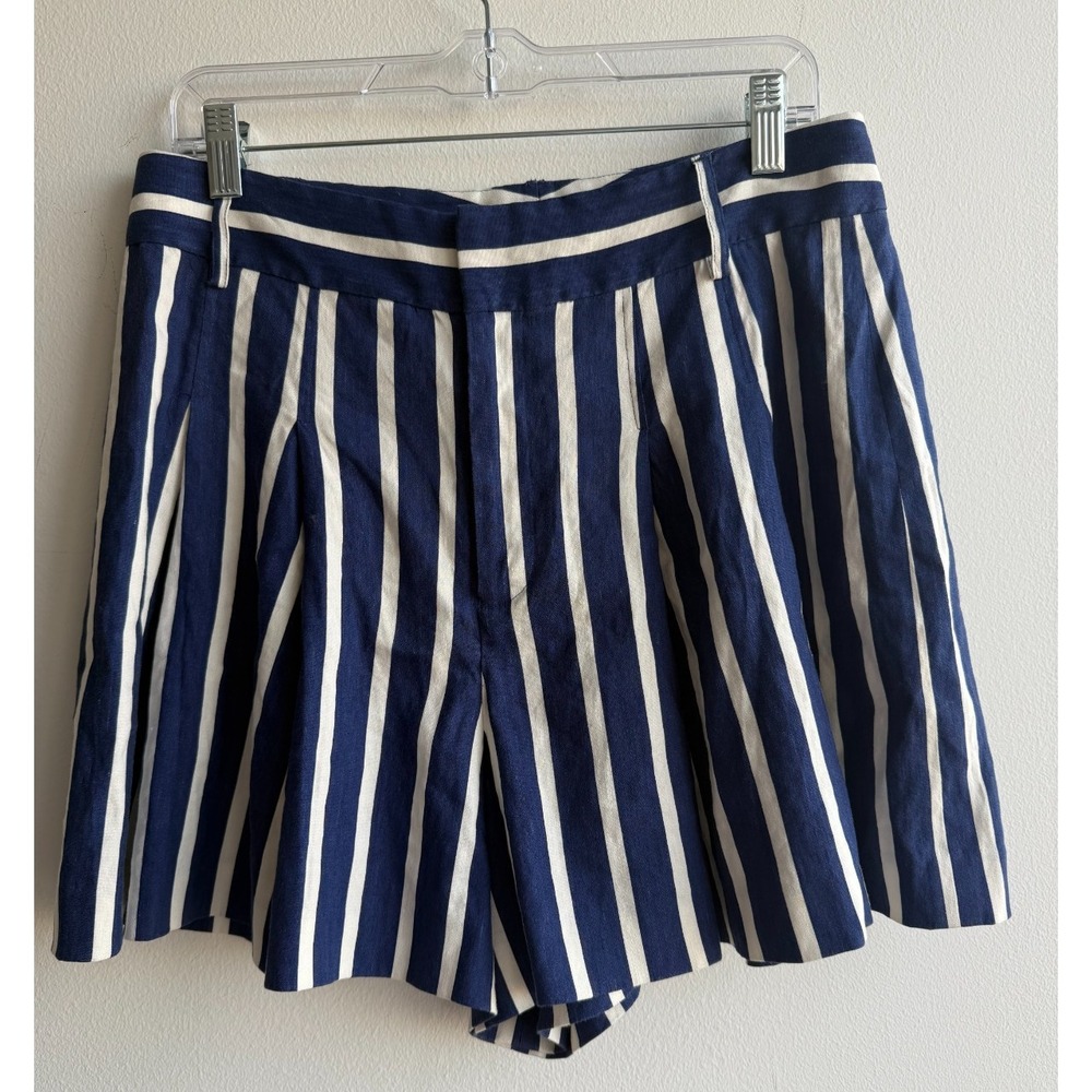 Alice + Olivia Women's size 12 Striped Linen Tailored Shorts Blue White EUC $310
